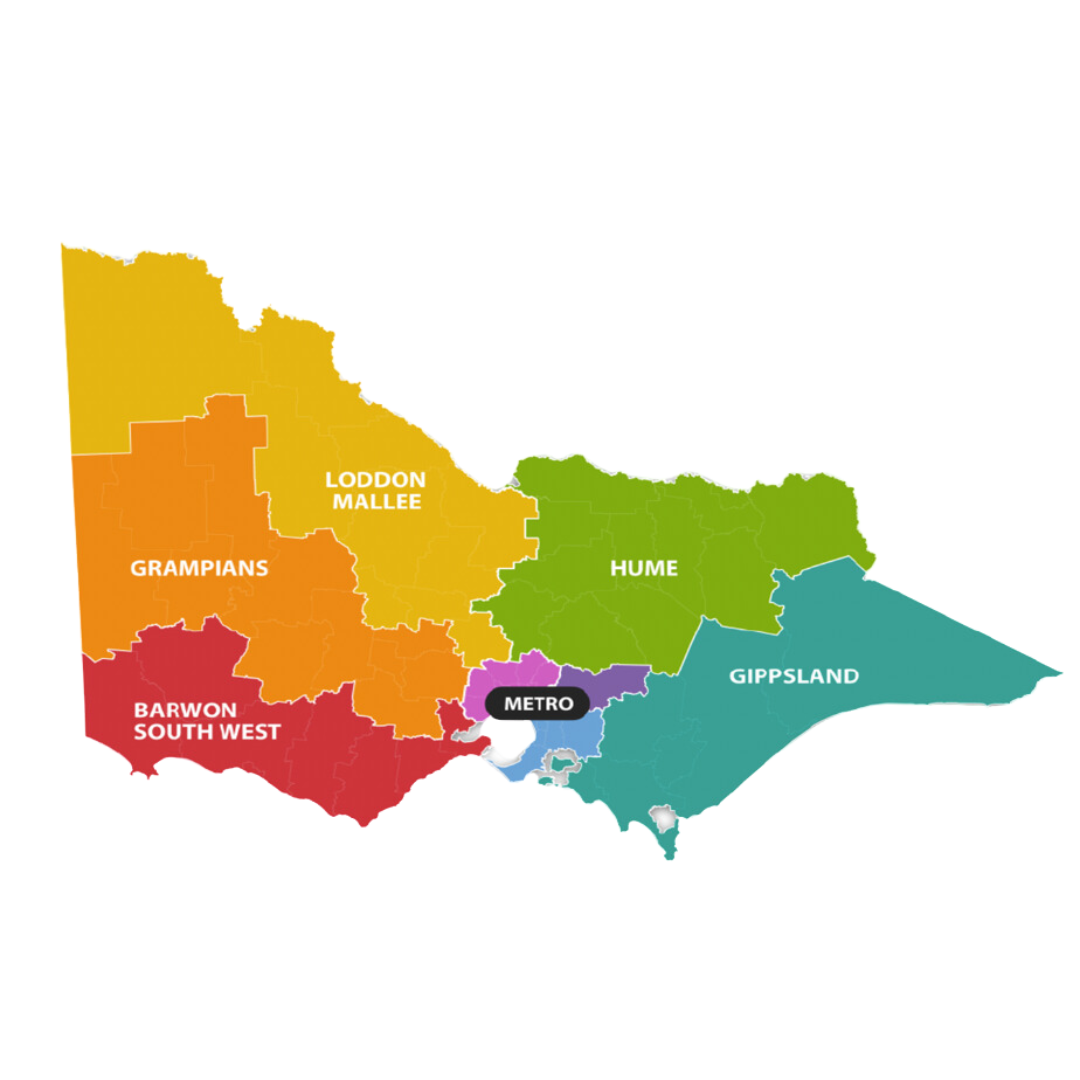 A map of Victoria with highlighted colours of 8 regions advisory council areas (Barwon South West, Grampians, Loddon Mallee, Metro, Hume and Gippsland)